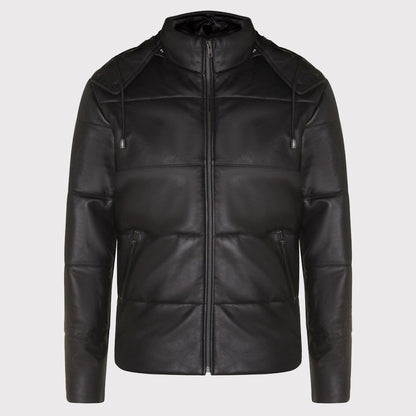 Men's Distressed Black Leather Puffer Jacket with Hood