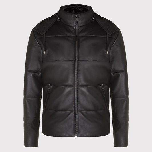 Men's Distressed Black Leather Puffer Jacket with Hood