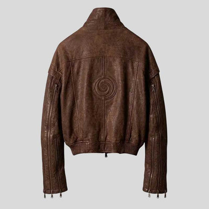 Men's Distressed Brown Leather Bomber Jacket
