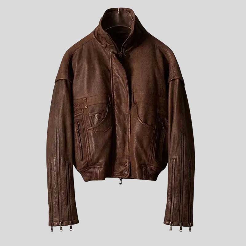 Men's Distressed Brown Leather Bomber Jacket