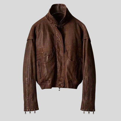 Men's Distressed Brown Leather Bomber Jacket