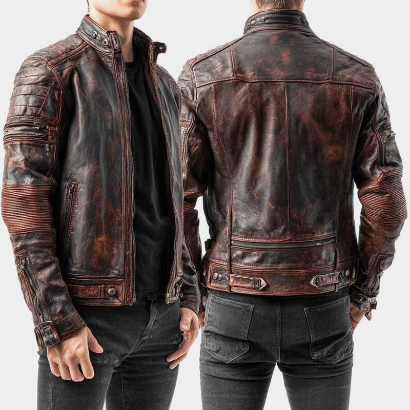 Men's distressed brown leather cafe racer biker jacket with quilted shoulder and sleeve detailing