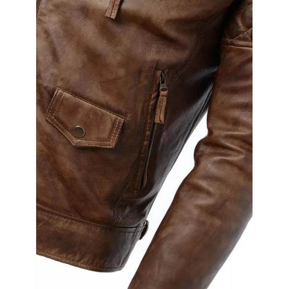 Men's Distressed Brown Leather Cafe Racer Jacket