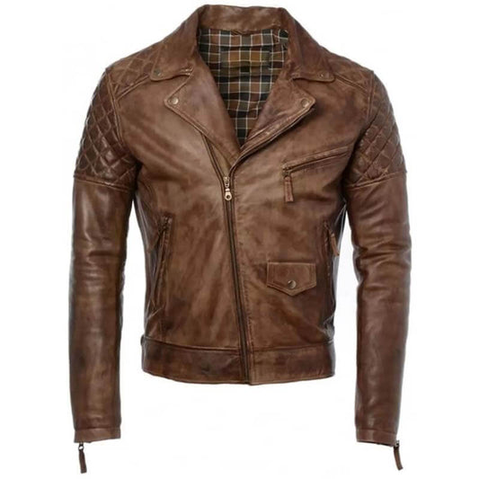 Men's Distressed Brown Leather Cafe Racer Jacket