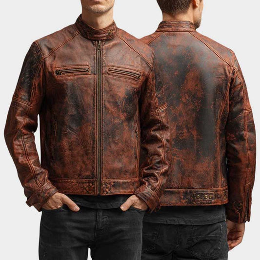 Men's distressed brown leather cafe racer jacket with vintage finish and stand collar design