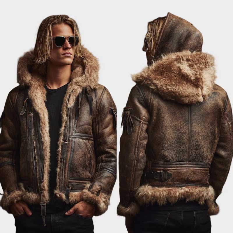 Men's distressed brown shearling aviator jacket with plush fur-lined hood and B3 design
