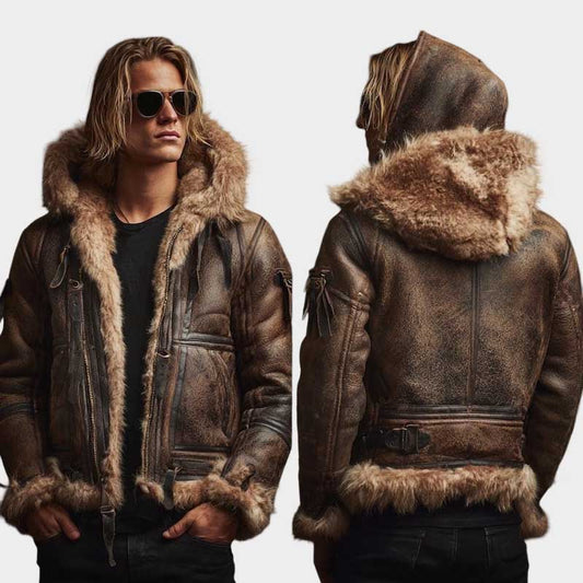 Men's distressed brown shearling aviator jacket with plush fur-lined hood and B3 design