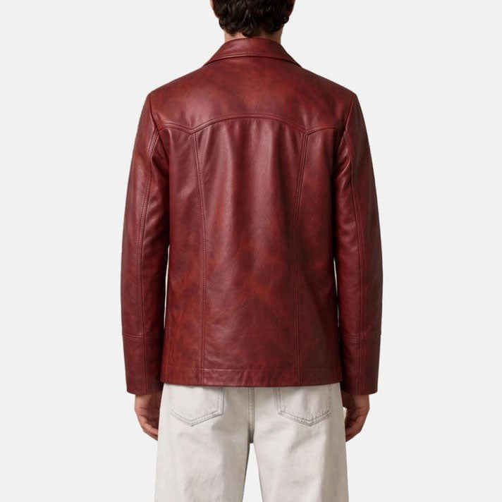 men’s red sheepskin leather jacket with button closure and shirt collar