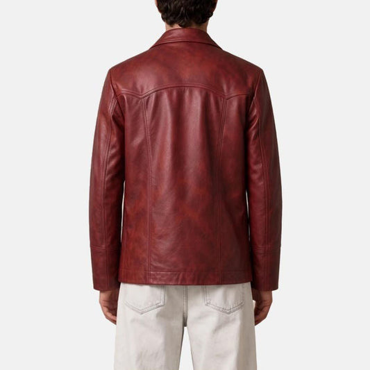 men’s red sheepskin leather jacket with button closure and shirt collar