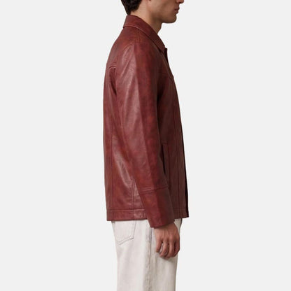 Vintage distressed red leather biker jacket for men with functional front pockets