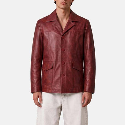 Men’s distressed red leather jacket with Fight Club inspired vintage biker styling