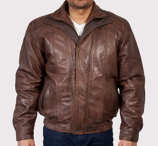Double Collar Leather Bomber Jacket