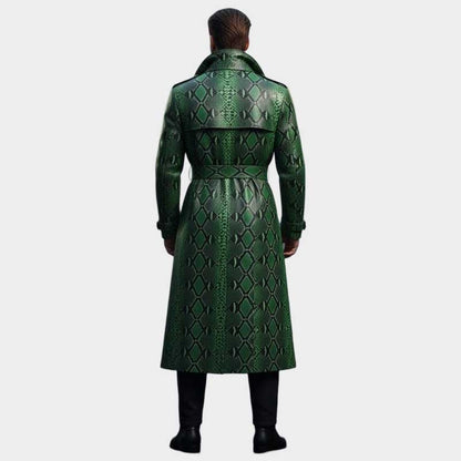 Premium leather long coat featuring detailed reptile inspired texture and soft inner lining