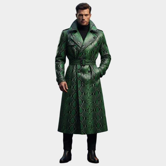 Men's exotic snake print leather long coat with gothic trench style and dramatic silhouette