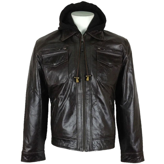 Men's Fashion Brown Hooded Leather Jacket