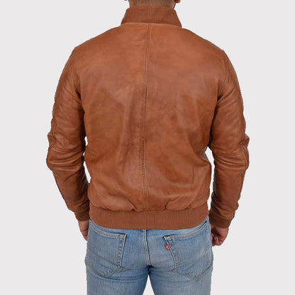 Men's Fitted Varsity Tan Leather Bomber Jacket