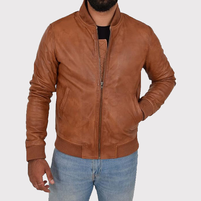 Men's Fitted Varsity Tan Leather Bomber Jacket