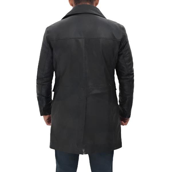 Mens Four Pocket Black Leather Trench Coat