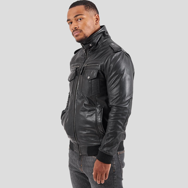 Men's Genuine Sheep Leather Motorcycle Biker Jacket - Classic Black