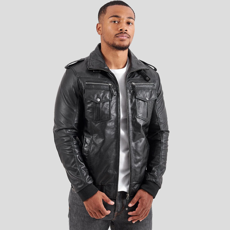 Men's Genuine Sheep Leather Motorcycle Biker Jacket - Classic Black