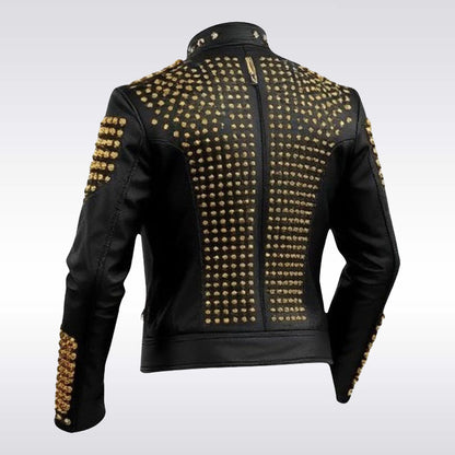 Men's Gold Studded Black Leather Rockstar Biker Jacket
