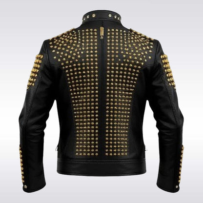 Men's Gold Studded Black Leather Rockstar Biker Jacket