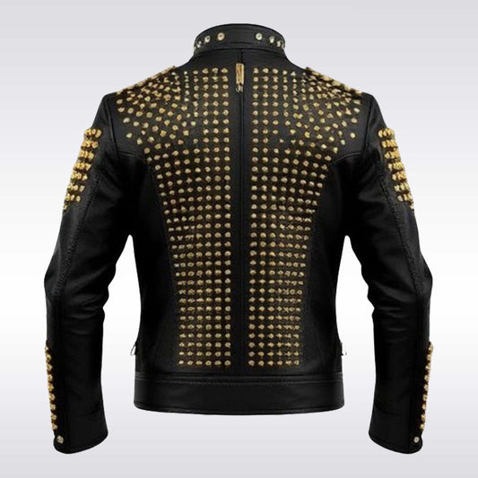 Men's Gold Studded Black Leather Rockstar Biker Jacket