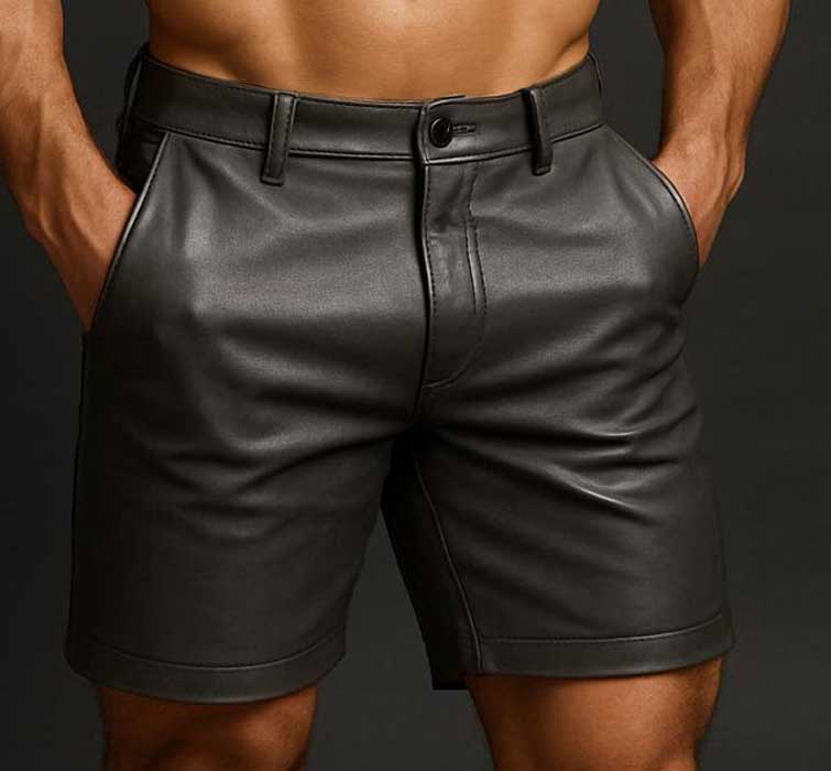 Mens Handmade Gray Leather Biker Shorts Genuine Sheepskin Slim Fit