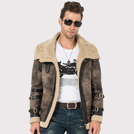 Men's Gray Shearling Flight Jacket - Motorcycle Fur Coat