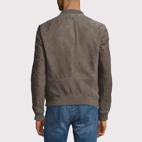 Men's Gray Suede Leather Bomber Jacket