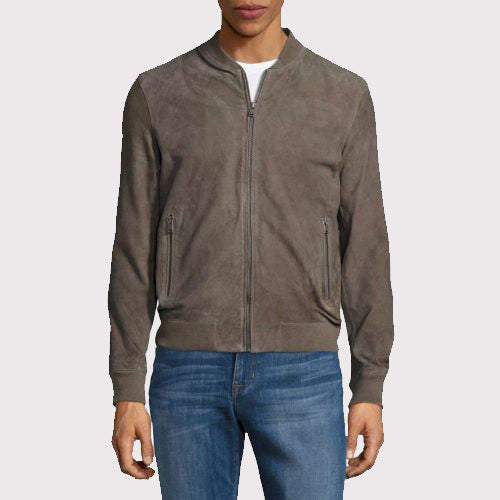 Men's Gray Suede Leather Bomber Jacket