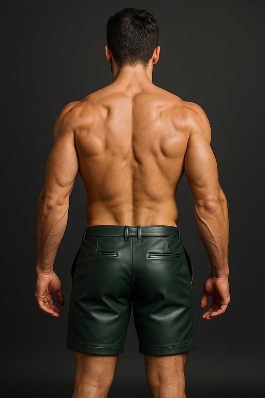 Mens Handmade Green Leather Biker Shorts Genuine Sheepskin Slim Fit