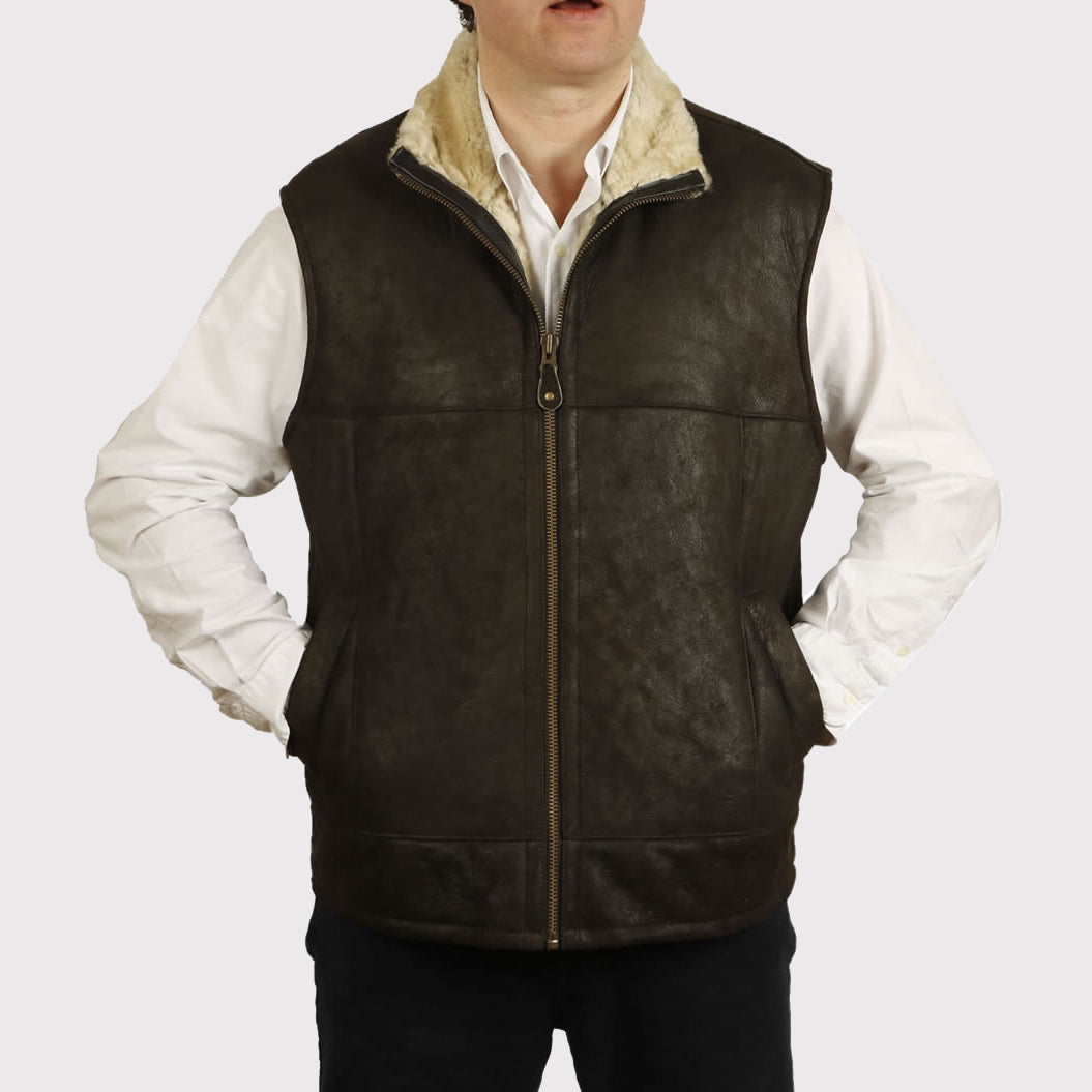 Men's Greenish Sheepskin Leather Gilet - Sheepskin Vest