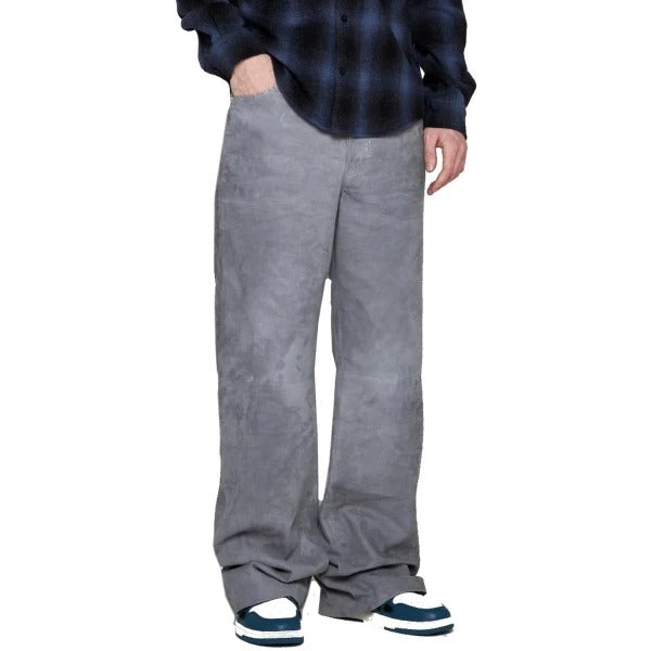 Men’s Grey Suede Wide Leg Leather Pants
