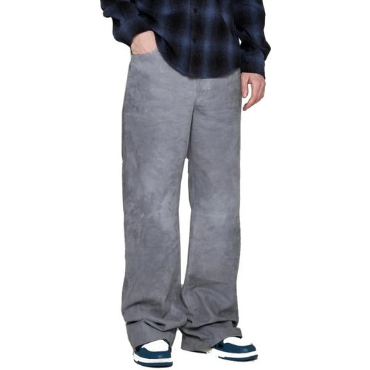 Men’s Grey Suede Wide Leg Leather Pants