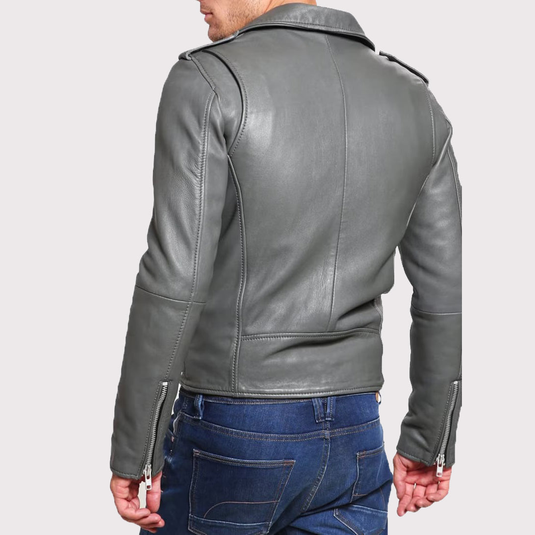 Men's Grey Tailored Motorcycle Biker Leather Jacket