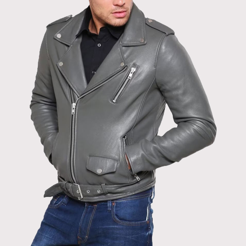 Men's Grey Biker Leather Jacket