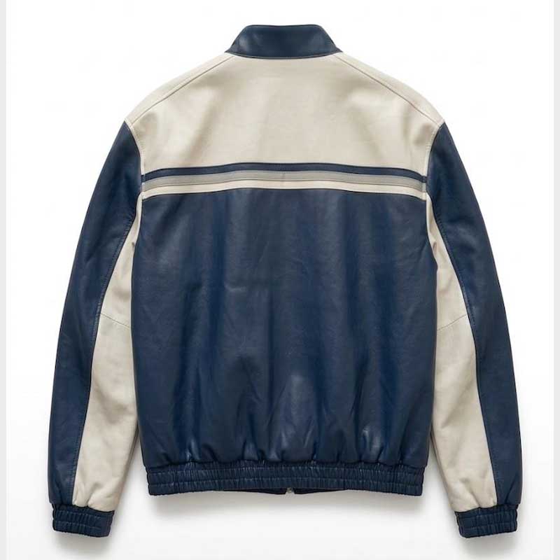 Back view of Men's Handmade F1 Racing Cowhide Leather Jacket showcasing full motorsport inspired design and premium seam craftsmanship by Jackets Kingdom