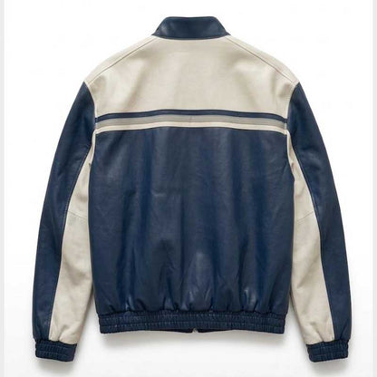 Back view of Men's Handmade F1 Racing Cowhide Leather Jacket showcasing full motorsport inspired design and premium seam craftsmanship by Jackets Kingdom
