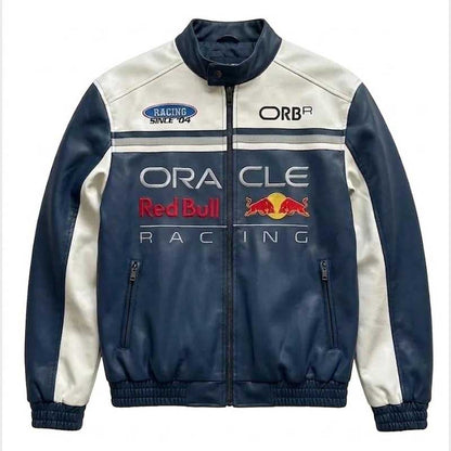 Front view of Men's Handmade F1 Racing Cowhide Leather Jacket showing motorsport biker design and full zip closure by Jackets Kingdom