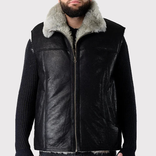 Men's Handmade Sleeveless Sheepskin Vest in Black