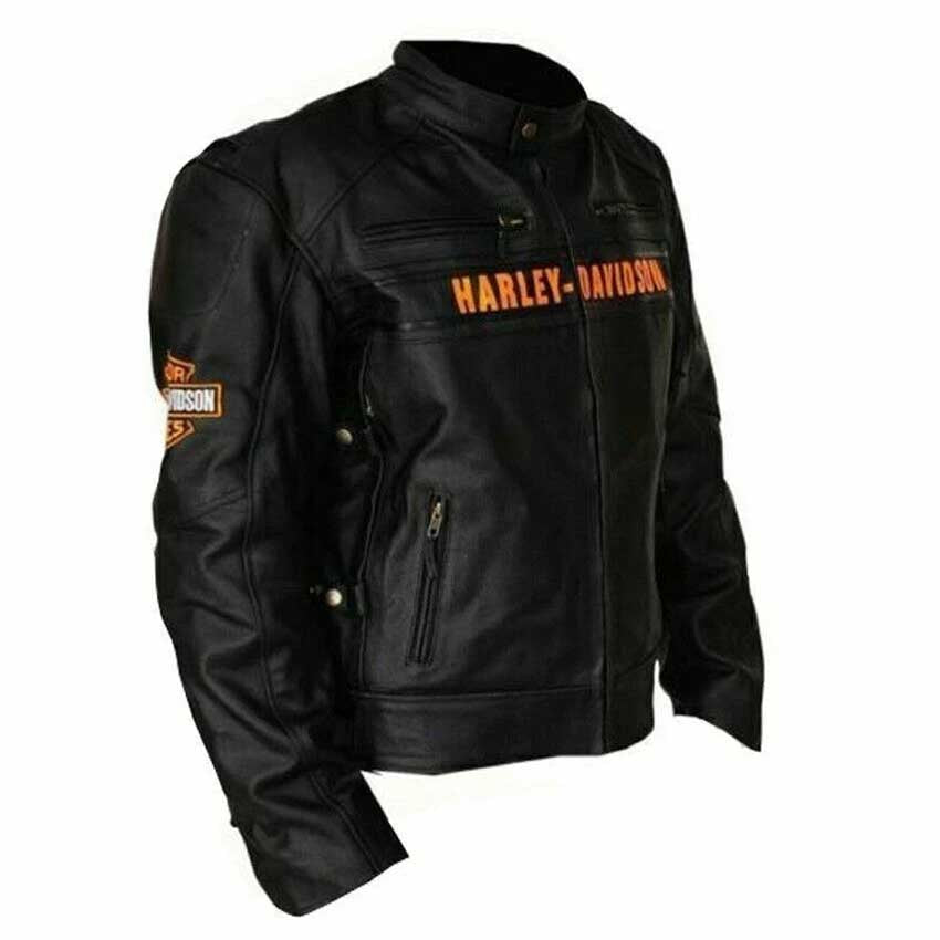 Mens Harley Davidson Black Real Leather Motorcycle Jacket with YKK Zippers