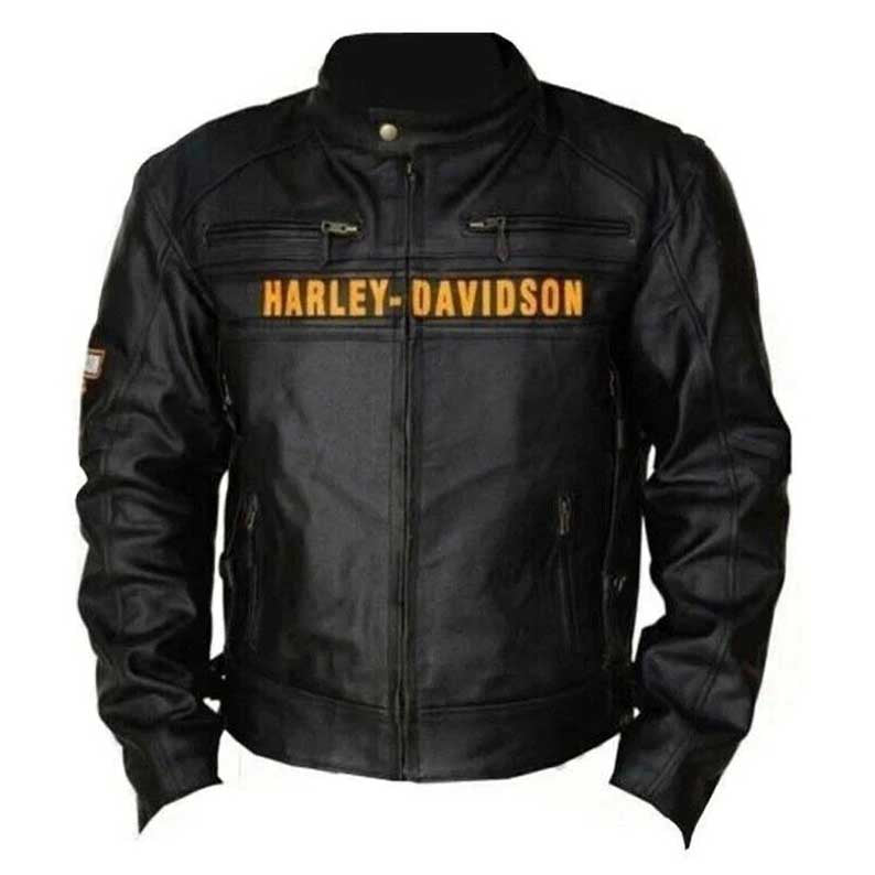 Mens Harley Davidson Black Real Leather Motorcycle Jacket with YKK Zippers