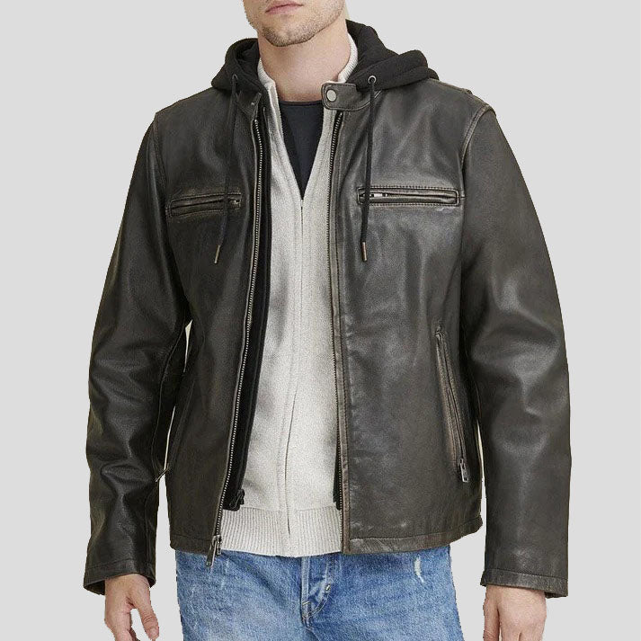 Men's Hooded Biker Leather Jacket - Stylish and Functional