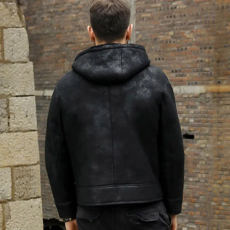 Men's Hooded Black B3 Shearling Winter Jacket