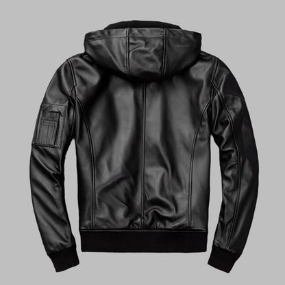 Premium Hooded Leather Motorcycle Bomber Jacket