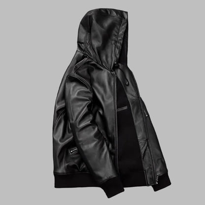 Buy Best Men's Hooded Leather Motorcycle Bomber Jacket