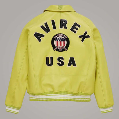 Avirex Logo Detail on Black Leather Bomber Jacket by Jackets Kingdom