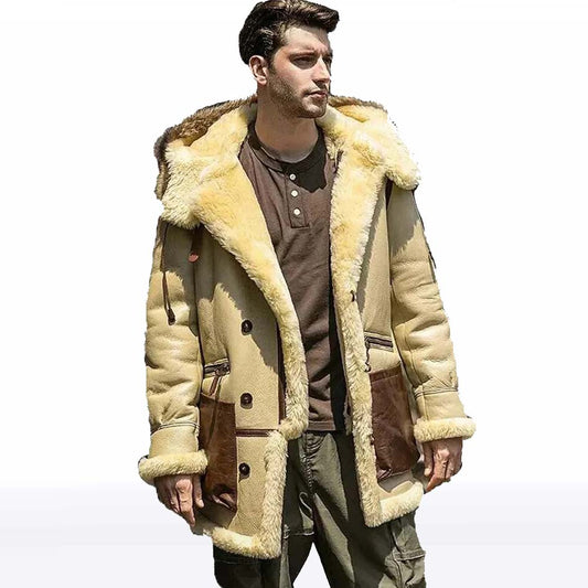 Men’s Ivory Yellow Shearling Jacket - Hooded Sheepskin Coat