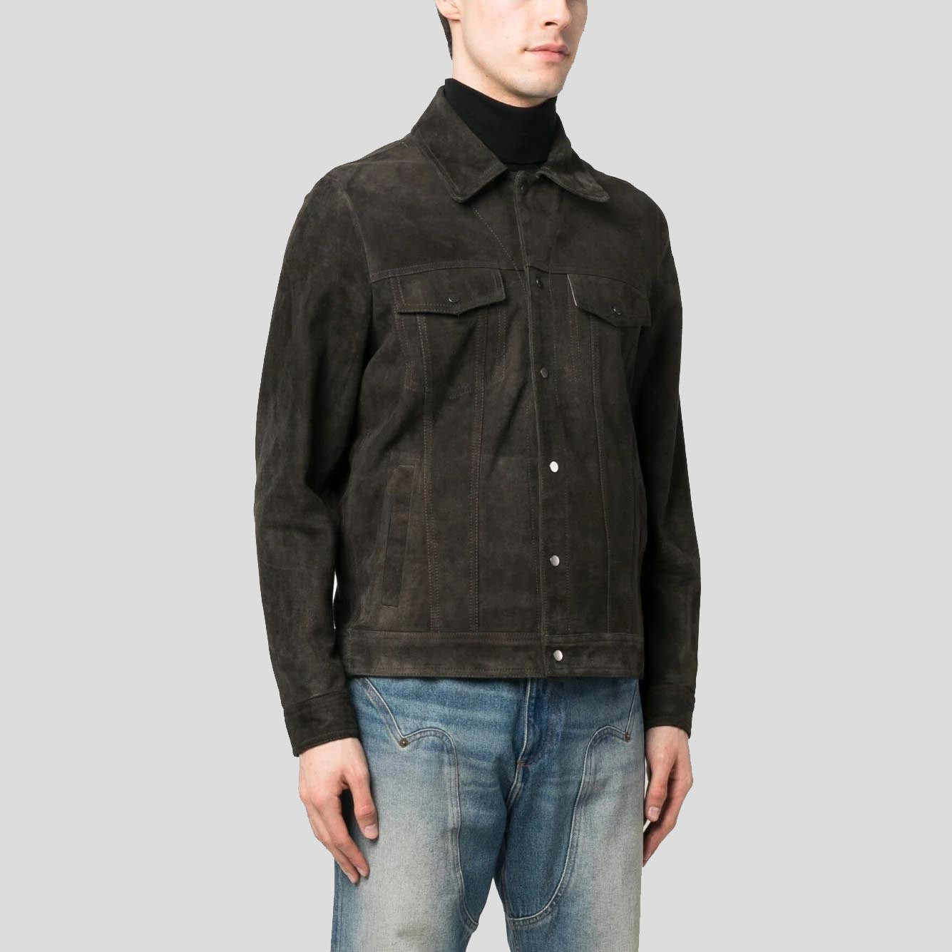 Men's Khaki Sheepskin Suede Leather Shirt Jacket